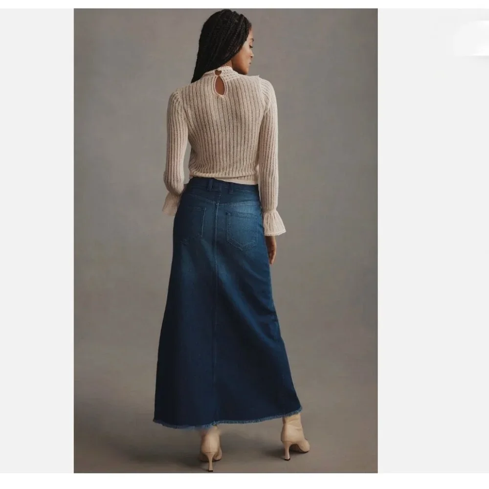 NWT Anthropologie Pilcro Madi Front Slit Denim Maxi Skirt Raw Hem Size 4